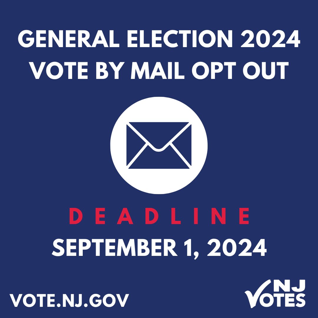 If you always #VoteByMail but plan on voting in person in the 2024 General Election, you must opt out of voting by mail by contacting your County Clerk by Sunday, September 1. For more information, visit Vote.NJ.Gov. #NJVotes