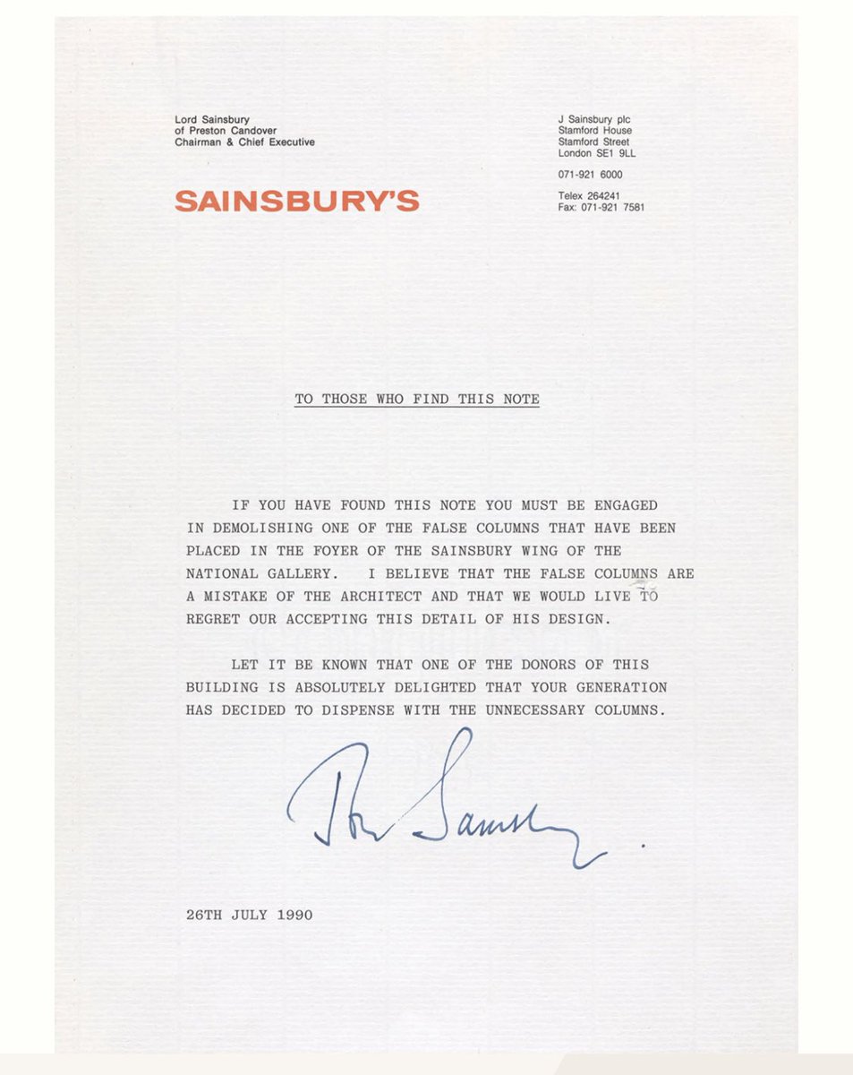 The National Gallery in London is renovating its Sainsbury Wing and they’ve just found a secret letter from one of the original donors, sunk into a concrete column, saying that he hates the columns and is glad they’re being demolished. 
10/10 unhinged rich man behaviour, no notes