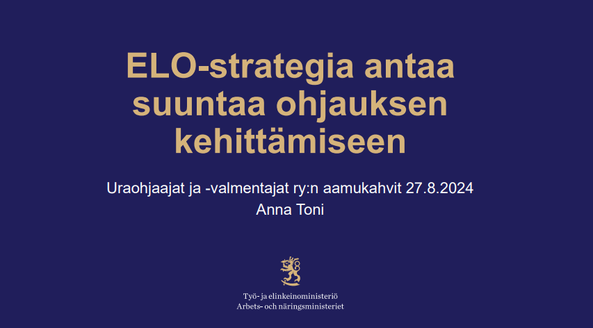 Syksyn aamukahvit käynnisteltiin, kun <a href="/TemToni/">Anna Toni</a>  Anna Toni kertoi päivitetystä ELO-strategiasta ja valtakunnallisista elinikäisen ohjauksen näkymistä. Nyt haasteena on, miten ohjaustyötä voisi kehittää samaan suuntaan strategian mukaisesti <a href="/TEM_uutiset/">TEM</a> #elo #uraohjaus #urary