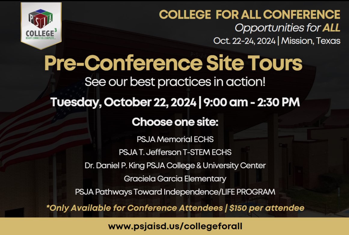 Explore our best practices in education by choosing one of our amazing sites. <a href="/PSJAISD/">PSJA ISD</a> <a href="/PSJAMemorial/">PSJA Memorial Early College High School</a> <a href="/PSJABiliteracy/">PSJA Dual Language Enrichment Program</a> <a href="/PSJACTE/">PSJA Career & Technical Education</a>

Don't miss this opportunity to see innovation in action! Register today at   psjaisd.my.canva.site/collegeforallc… 🌐

#PSJA #CollegeForAll #EducationExcellence
