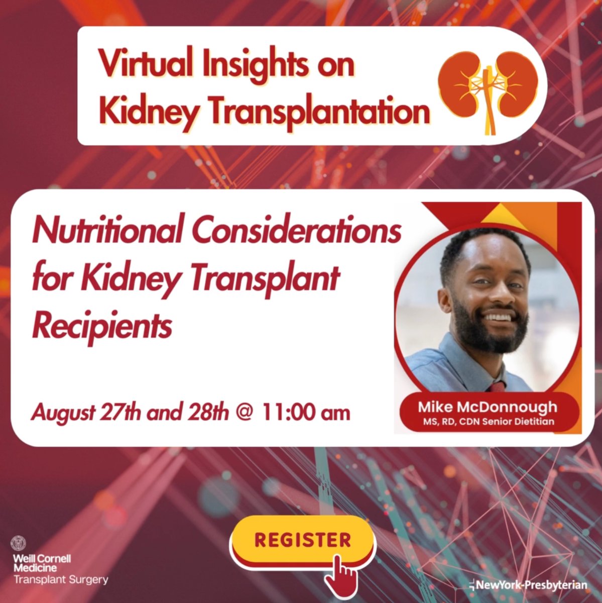 Join us for Nutritional Considerations for Kidney Transplant Recipients with our senior dietician today at 11 am and tomorrow.