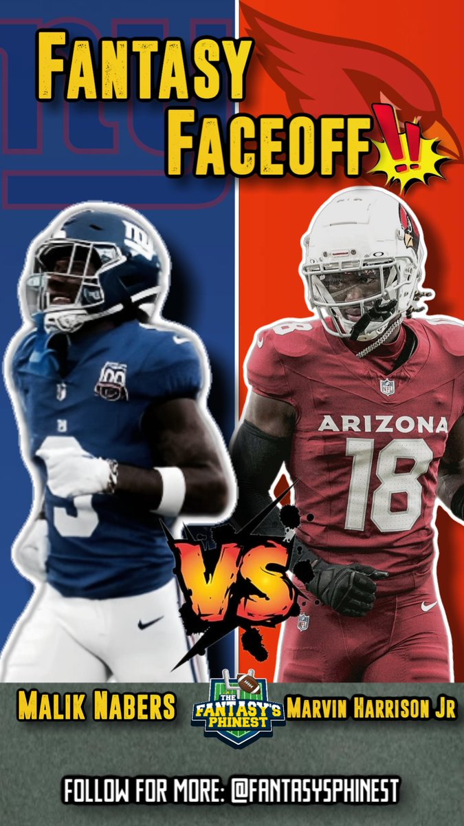 FFPhinest's tweet photo. Fantasy Faceoff!
Who do you think will be the better rookie receiver for fantasy football between Giants WR Malik Nabers and Cardinals WR Marvin Harrison Jr?
#fantasyfaceoff #fantasyfootball https://t.co/DwZSu5DVLS