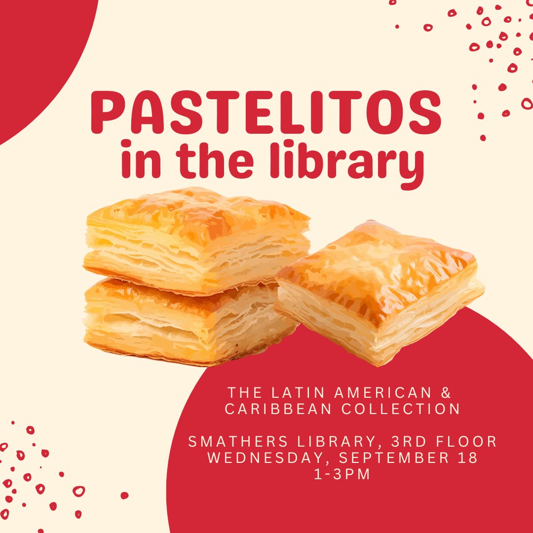 SAVE THE DATE!

Our annual Pastelitos in the Library event is returning for a third year in a row.

Join us in the LACC Reading Room on Wed Sept 18 from 1-3pm to learn about our resources. Come enjoy some free pastelitos and coffee en comunidad.

¡See you there, Caimánes!🐊🧡💙
