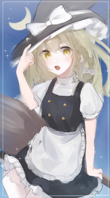 添削9 体全体を座っていることがわかるように修正しました。それに合わせて服とほうきも修正しました。顔が強調されるよう花のハイライトと顔の輪郭線、髪の線画を加筆しました。体の修正に伴い縦横比を変更し背景を調整しました。顔の周りにオーバーレイで彩度を追加しました #ゆめうイラスト教室