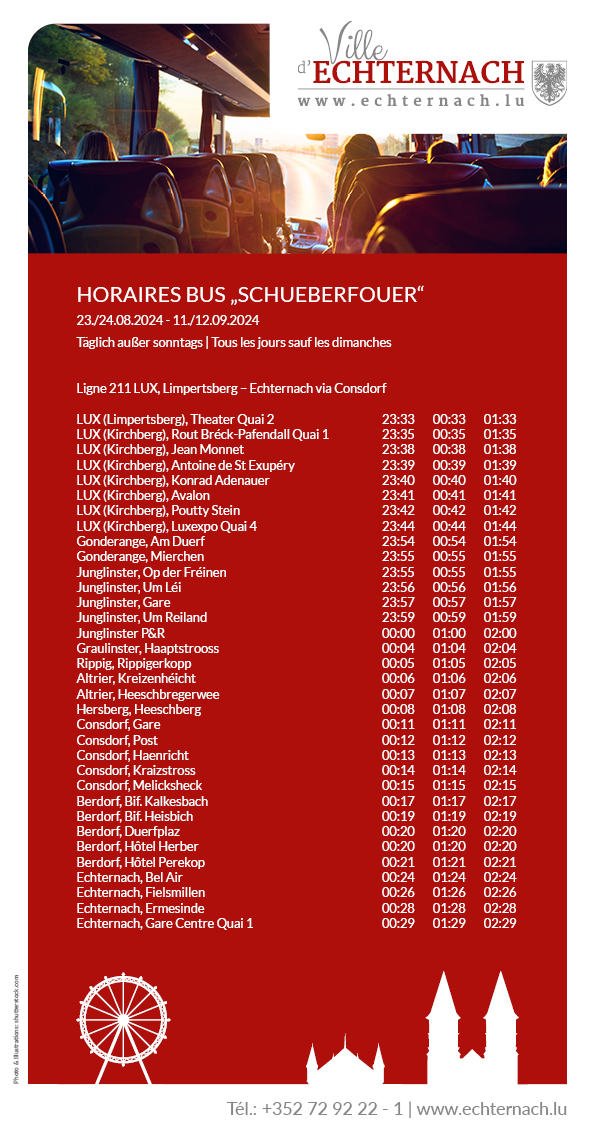 Afin de faciliter le trajet entre Echternach et la Schueberfouer, des courses spéciales de renfort seront mises en marche. Plus de détails sur notre site ou ci-dessous : echternach.lu/schueberfouer-… #Echternach #Fouer #Schueberfouer
