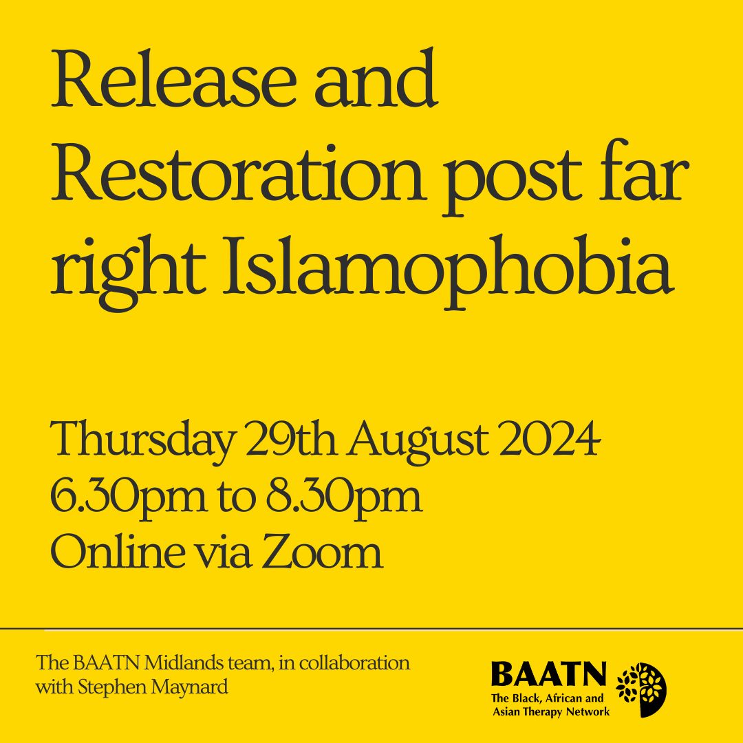 baatn_network's tweet photo. Release and Restoration post far right Islamophobia⁠  The BAATN Midlands Team and Stephen Maynard have come together to offer a space for those impacted by recent Islamophobic events and unrest. ⁠
⁠
https://t.co/2KQyXrr8yz
⁠
 #BAATN  #antiracism #reflection #discrimination⁠ https://t.co/q9BH3WQ4Cr