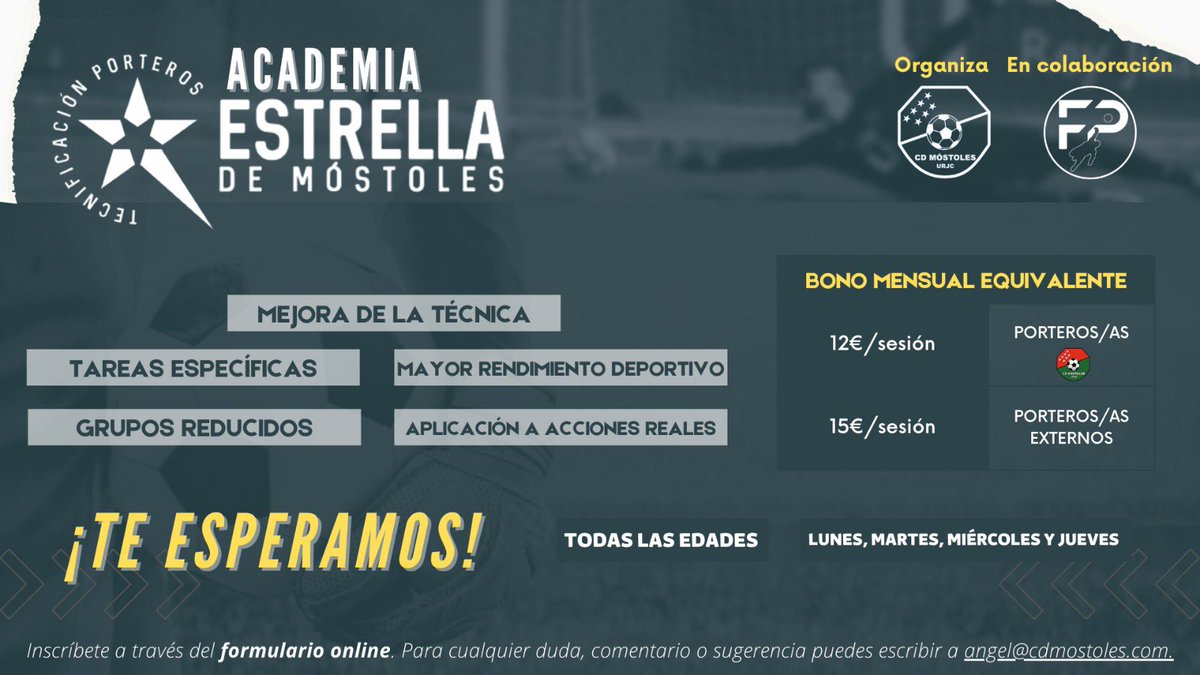ACADEMIA DE 𝗧𝗘𝗖𝗡𝗜𝗙𝗜𝗖𝗔𝗖𝗜𝗢́𝗡 𝗗𝗘 𝗣𝗢𝗥𝗧𝗘𝗥𝗢𝗦 ESTRELLA DE MÓSTOLES‼️

¡Mejora tu técnica 👐🏻 trabajando en entrenamientos específicos para conseguir un mayor rendimiento deportivo 🤩!

🔗 Toda la información: cdmostoles.com/pnfg/NPcd/NFG_…

#VamosMiMóstoles 🔵