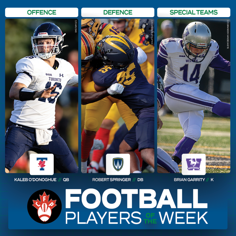 OUAsport's tweet photo. What a way to kick off the OUA 🏈 season! 

@Varsity_Blues Kaleb O’Donoghue, @WindsorLancers Robert Springer, and @WesternMustangs Brian Garrity have been named the @CFPerspective Players of the Week for Week 1.
