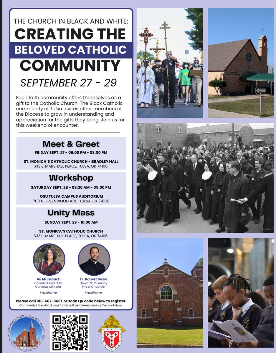 The Church in Black and White

Sept 27 - 29, 2024
St. Monica and OSU Tulsa Campus Auditorium

Meet and Greet, Workshop, and Unity Mass centered around preserving the heritage of the African American Parishes in the Diocese of Tulsa (ie Uganda Martyrs, St Monica, and St Augustine)