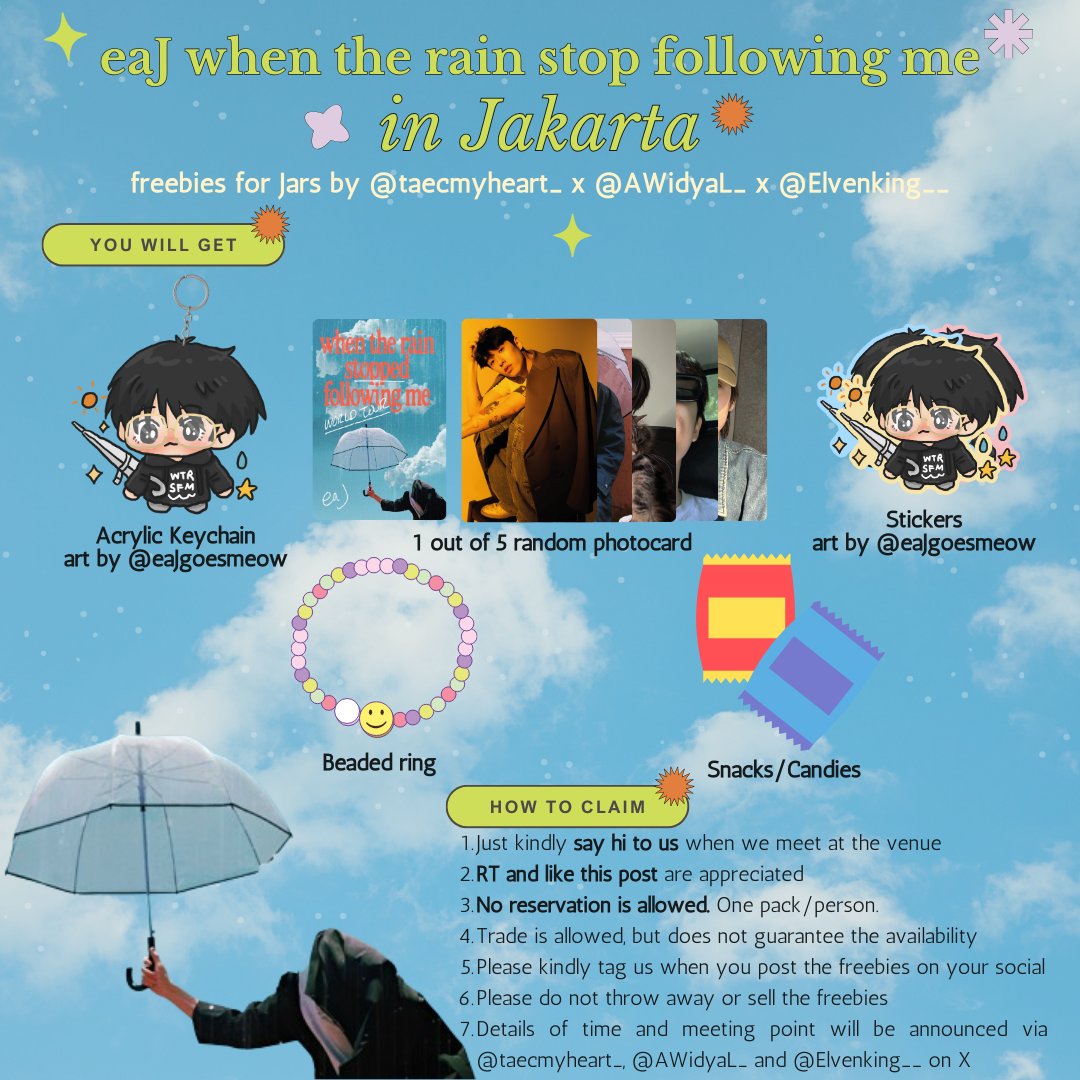 taecmyheart_'s tweet photo. ⋆.˚🌧eaJ when the rain stopped following me live in Jakarta☂‧₊˚

ᡣ𐭩 freebies by @taecmyheart_ @AWidyaL_ @Elvenking__ ˎˊ˗

₊✧ very limited quantity
₊✧ just say hi &amp; let's be friends
₊✧ RT &amp; likes are appreciated

see you next week, Jars!

#eaJ #wtrsfm #eaJLiveinJakarta https://t.co/YhxR8KM3To