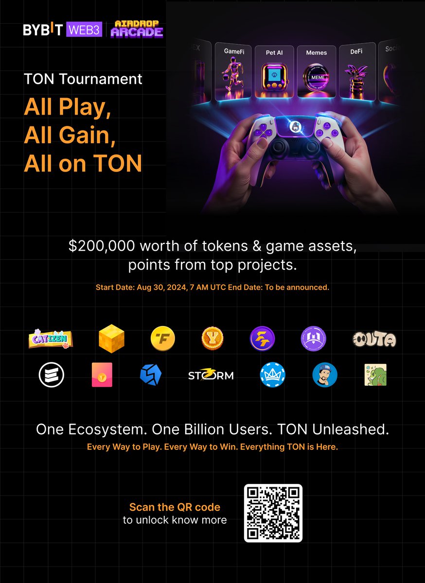 Bybit Web3 (@bybit_web3) on Twitter photo ๐ The stage is set for Airdrop Arcade's grand event, and the excitement is palpable! ๐ฎ๐ก
Get ready for the Bybit Web3 TON Tournament by <a href="/ton_blockchain/">TON ๐</a> โ an epic airdrop ahead! Enhance your TON experience with one of the largest ecosystem campaigns! All Play, All Gain, All on ๐ The stage is set for Airdrop Arcade's grand event, and the excitement is palpable! ๐ฎ๐ก
Get ready for the Bybit Web3 TON Tournament by <a href="/ton_blockchain/">TON ๐</a> โ an epic airdrop ahead! Enhance your TON experience with one of the largest ecosystem campaigns! All Play, All Gain, All on