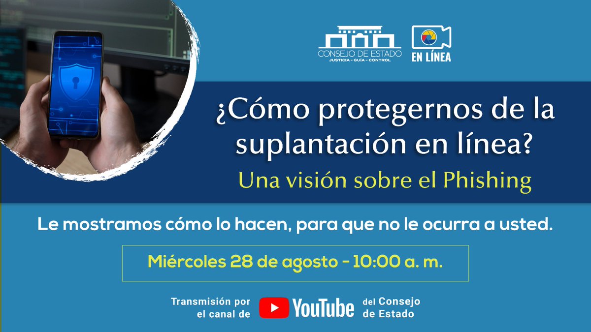 consejodeestado's tweet photo. #Conéctese #ConsejoDeEstadoEnLínea | ¿Cómo protegernos de la suplantación en línea?

🗓️ Miércoles 28 de agosto
🕙 10:00 a. m.
Transmisión➡️ https://t.co/VQ1uLQIIuE https://t.co/gp0MHC3stI
