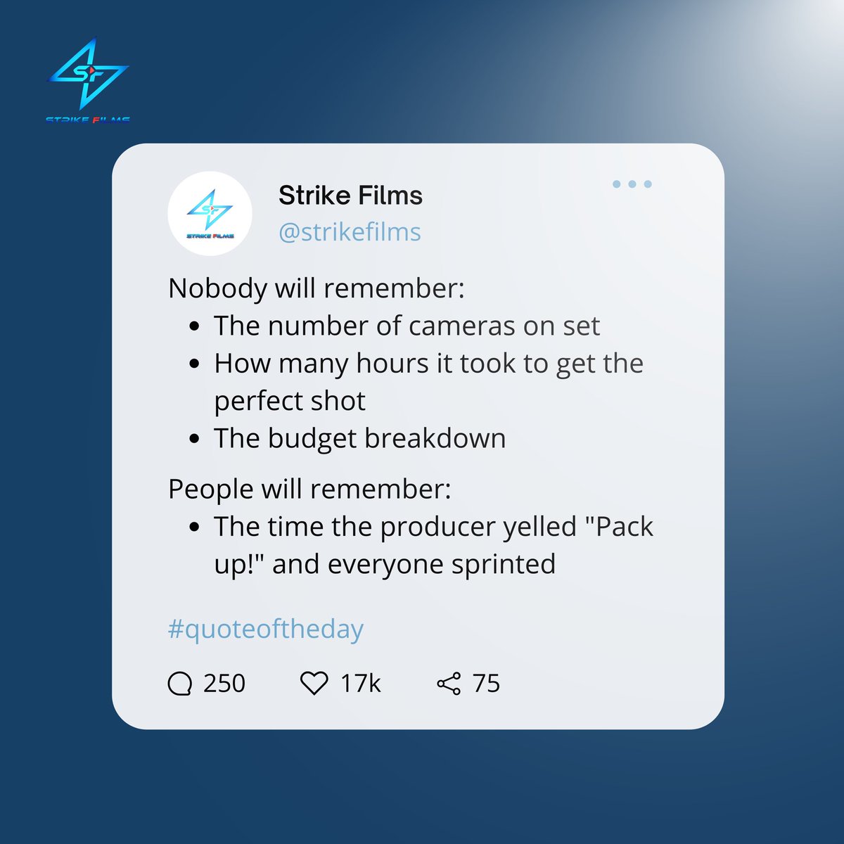 StrikeFilmsM's tweet photo. Behind the scenes, it’s the moments that matter. 🎬 🩵

#FilmLife #BehindTheScenes #StrikeFilms #Filmmaking #ProductionDiaries #OnSetMemories #PackUpTime #nobodywillremember #advertisement #tweets https://t.co/NH2BQ276Tm