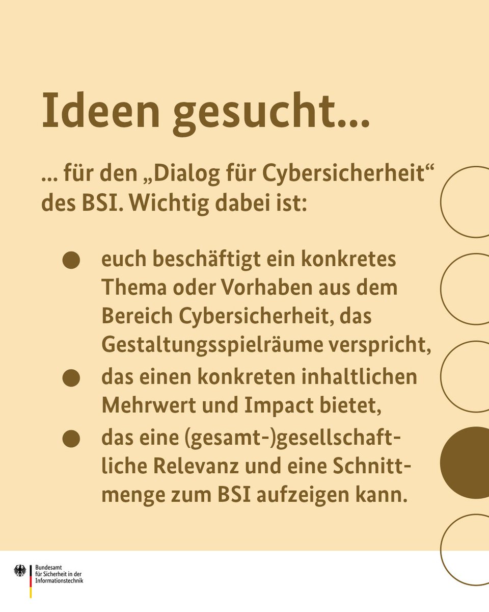 💪 Ihr wollt Cybersicherheit in der Gesellschaft selbst aktiv mitgestalten? Ihr seht dringende Handlungsbedarfe, die nicht aufgegriffen werden? Dann reicht eure Ideen in den „Dialog für Cybersicherheit“ ein!

Mehr Infos unter: ➡️dialog-cybersicherheit.de/ideen-skizzen/ 

#DiCySi