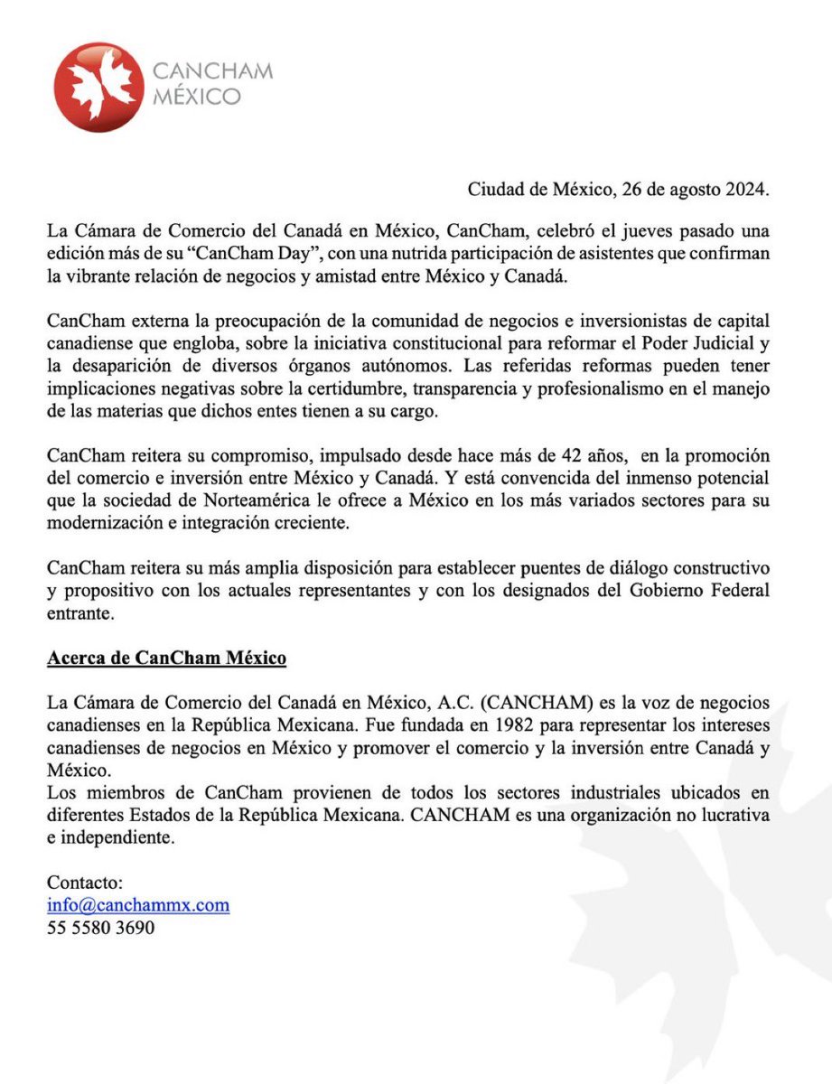 victorcabreramx's tweet photo. La Cámara de Comercio de Canadá en México (#CanCham) externó la preocupación de la comunidad de negocios e inversionistas respecto a la reforma del Poder Judicial y la desaparición de diversos órganos autónomos que impulsa el presidente @lopezobrador_ https://t.co/gEzEZcmXPT