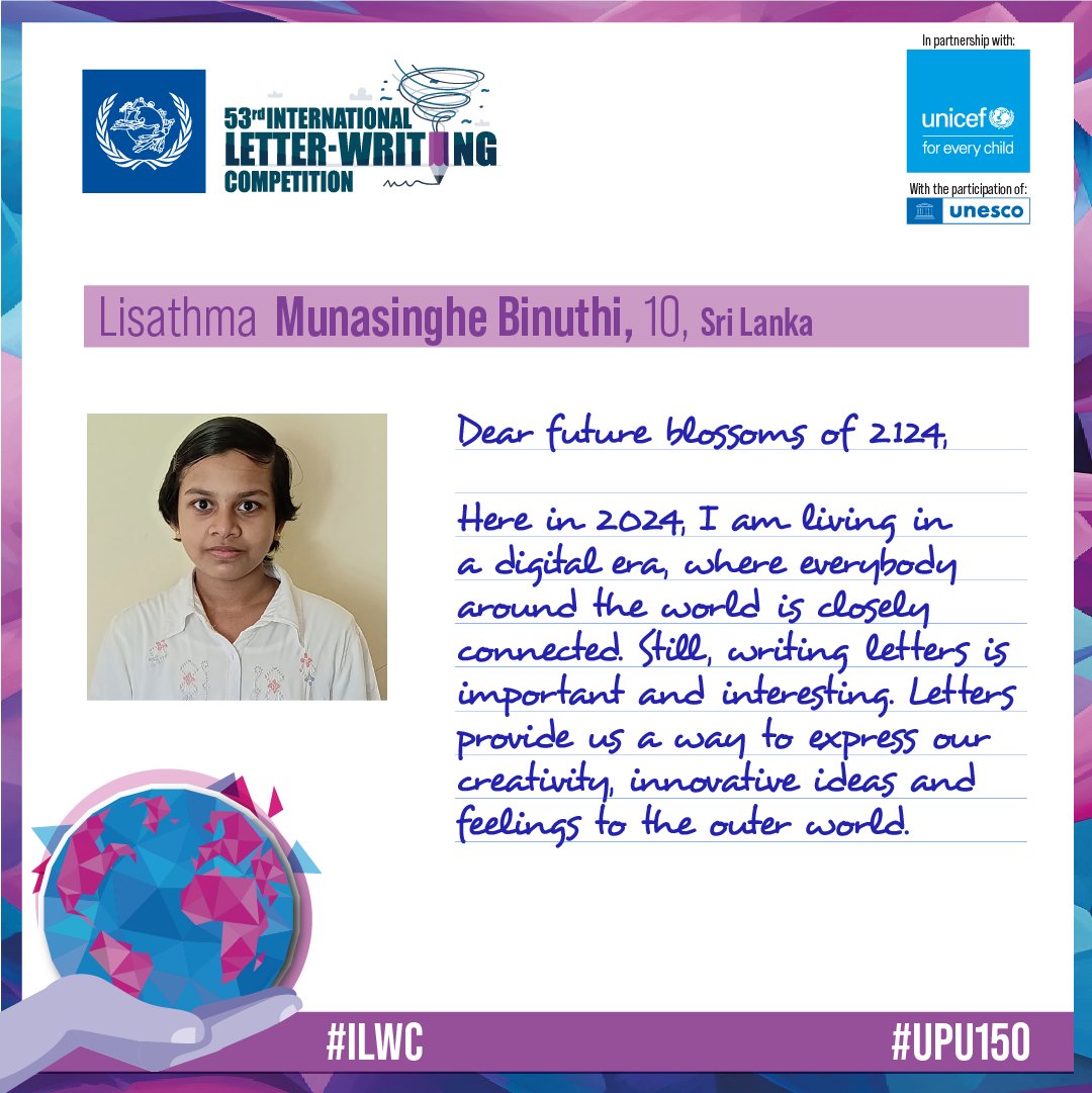 UPU_UN's tweet photo. A #LetterToTheFuture✍… from #SriLanka🇱🇰
Lisathma Munasinghe Binuthi, 10, believes in the timeless practice of letter writing, even in our digital age. She sees it as a unique way to share creativity, thoughts, and emotions💌
#ILWC #SummitOfTheFuture
https://t.co/AMaGD8WBG0 https://t.co/6kBdm9TS4G