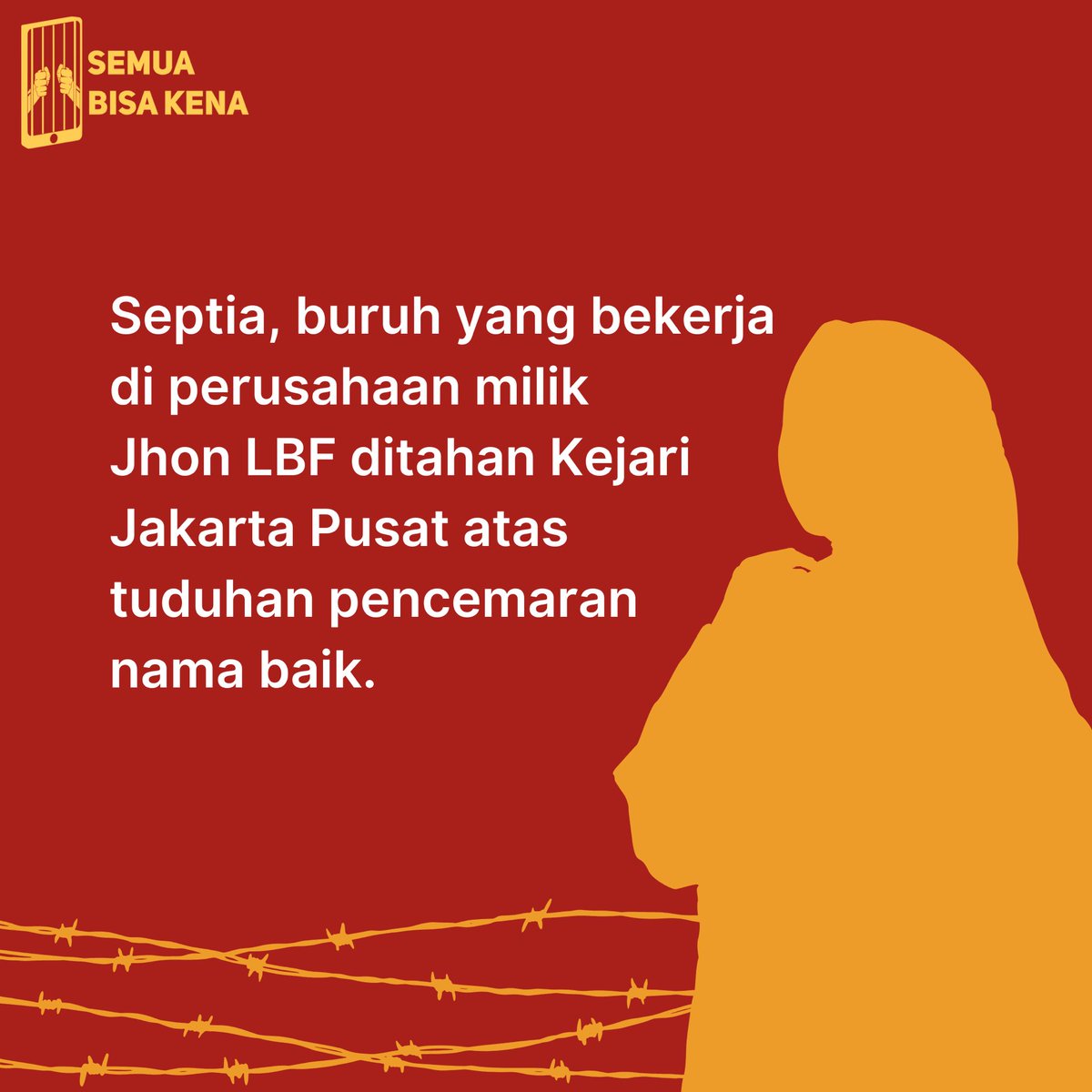 safenetvoice's tweet photo. ALERTA!!! ALERTA!!! ALERTA!!!

Septia, mantan buruh dari perusahaan yang dimiliki oleh Jhon LBF ditahan Kejari Jakarta Pusat. Septia dikenakan pasal pencemaran nama baik dikarenakan memperjuangkan haknya sebagai buruh! https://t.co/bkpjFWBt7J
