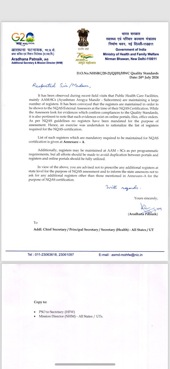 anvisssr1's tweet photo. NQAS National Quality Assurance Standards आयुष्मान आरोग्य मंदिरों में आवश्यक 7 रजिस्टर संधारित किए जाने हैं।

आदरणीय आराधना पटनायक IAS जी अपर सचिव एवं मिशन- निर्देशक निर्माण भवन नई दिल्ली। आपका बहुत बहुत धन्यवाद ,
साथ ही आपकी पत्र का समस्त राज्यों में परिपालन हो ऐसी आशा रहेगी https://t.co/mtTIXL9dSX
