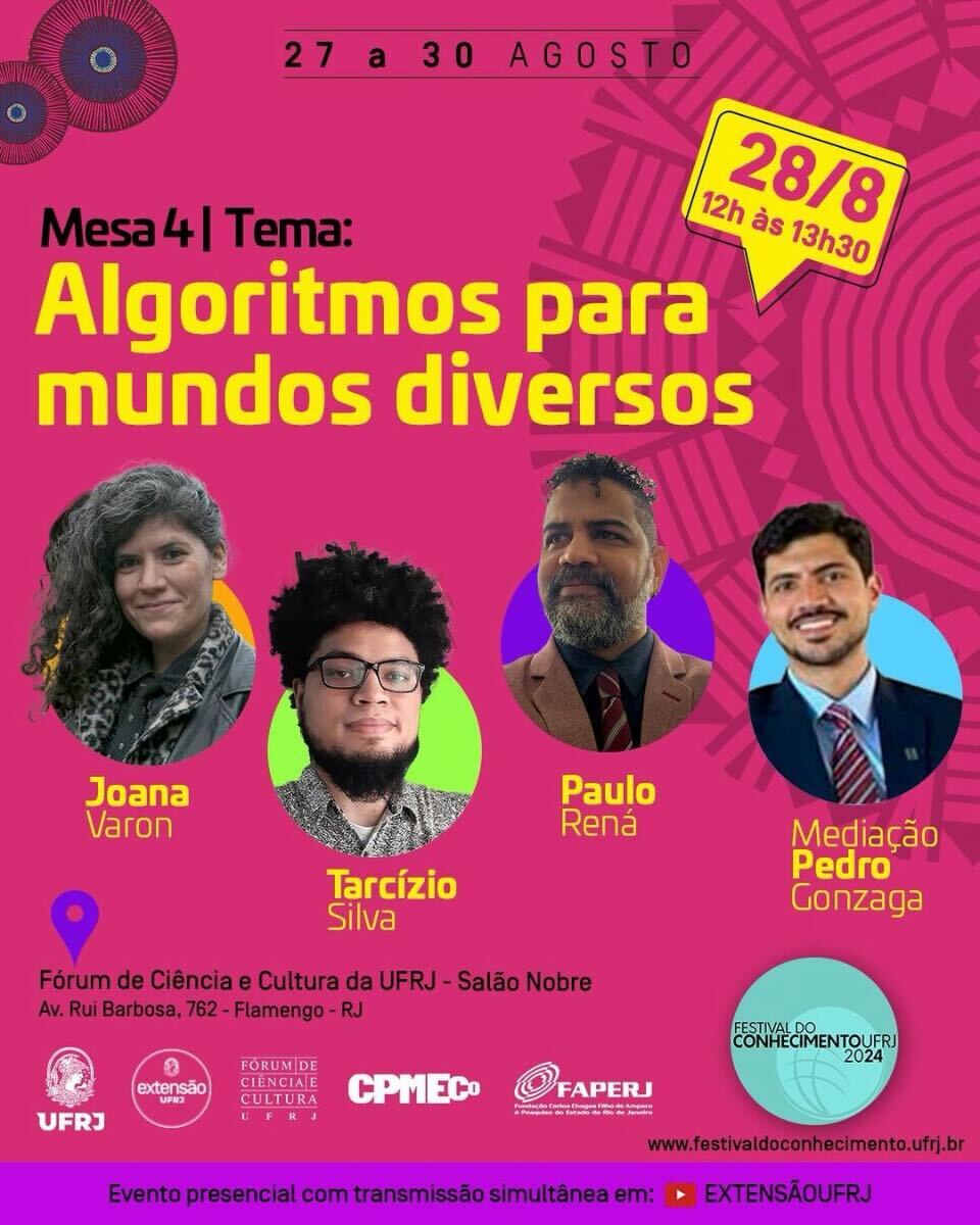 CodingRights's tweet image. Amanhã tem @joana_varon no Festival do Conhecimento da @ufrj, na mesa Algoritmos para mundos diversos – debate que gostamos muito aqui na Coding 😉O evento é gratuito e terá transmissão.
📌28/08, 12h até 13h30 no Fórum de Ciência e Cultura da UFRJ
festivaldoconhecimento.ufrj.br