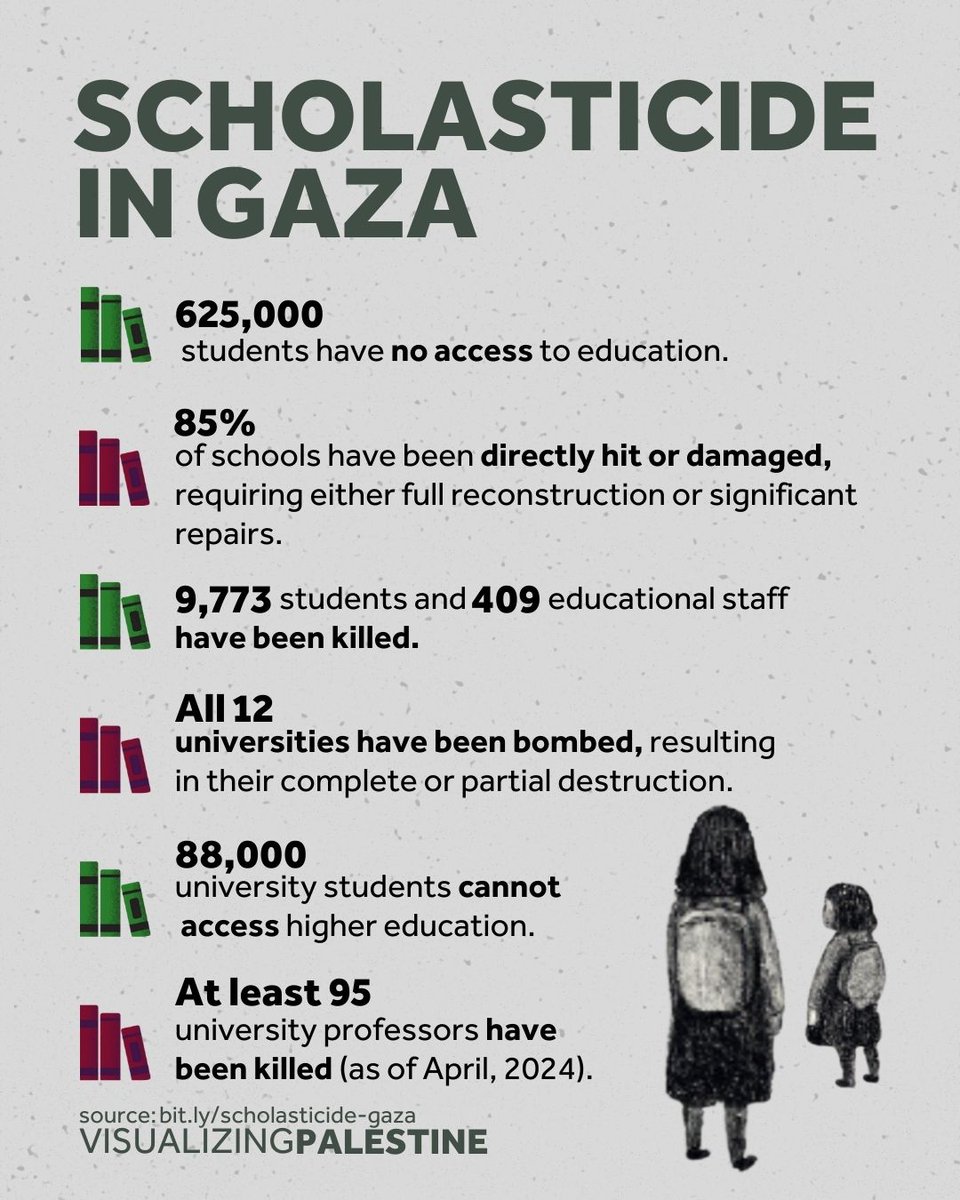 As the new school year begins, Palestinian students in Gaza cannot access education due to Israel’s systemic attacks on the education system, known as "scholasticide." Education is a vital pillar of resilience, resistance, &amp; hope for Palestinians.
 #EndScholasticide