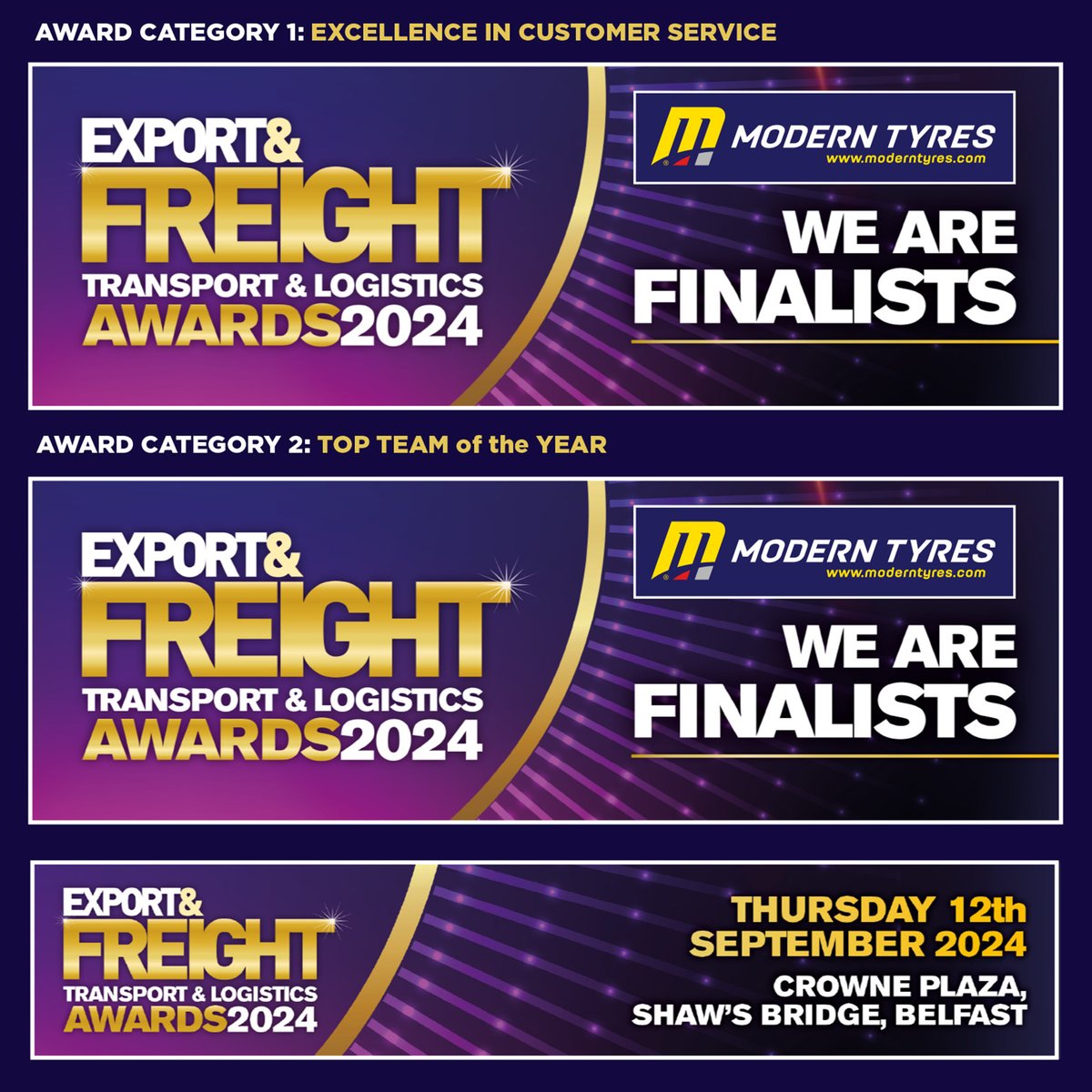 We are proud to announce we have been shortlisted as finalists for two awards at this years Export &amp; Freight Transport and Logistics Awards 2024 on September 12th 2024 - Excellence in Customer Service and Top Team of the Year! <a href="/ExportFreight/">Export & Freight</a>