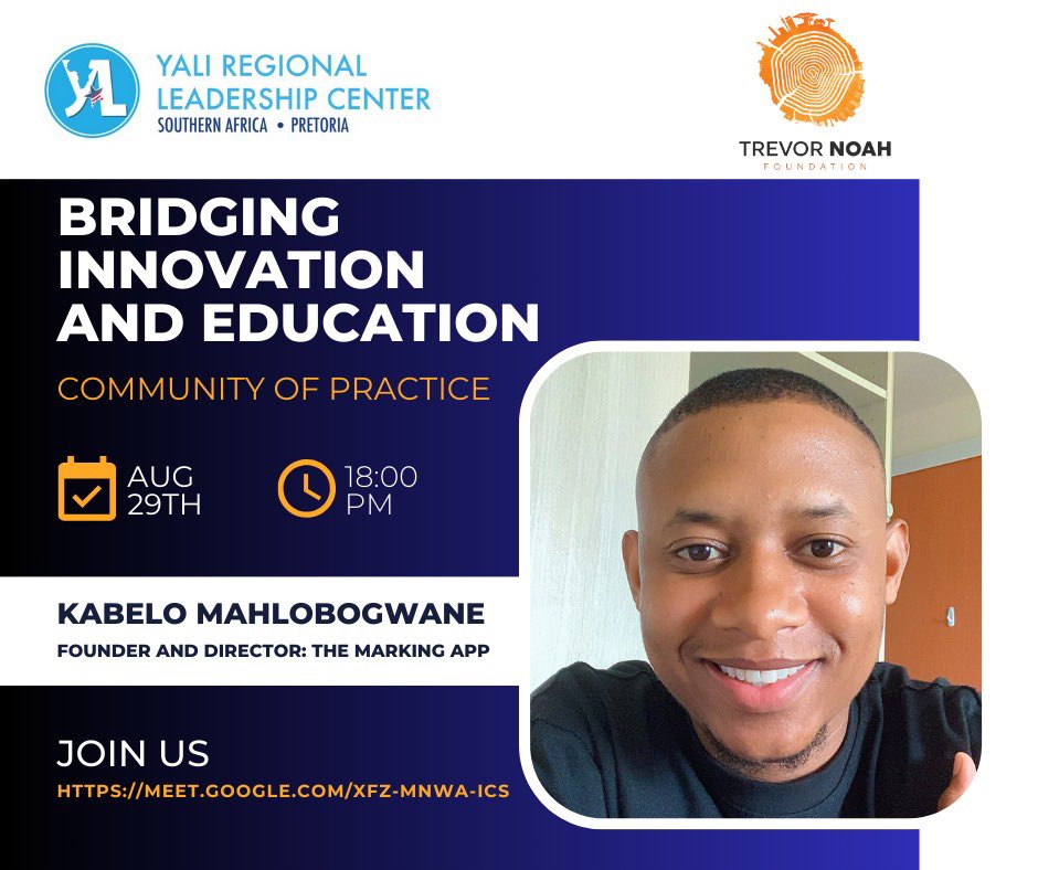 Updated Poster:

🚀 Bridging Innovation and Education

Join us as our Founder <a href="/KabeloMahlobog1/">Kabelo Mahlobogwane 🇿🇦</a>, with <a href="/YALI_SAfrica/">YALI RLC-SA</a> &amp; <a href="/TrevorNoahFdn/">Trevor Noah Foundation</a>, will share The Marking App’s journey from Idea to MVP. Don’t miss the live demo and insights into how we’re transforming educational assessment!