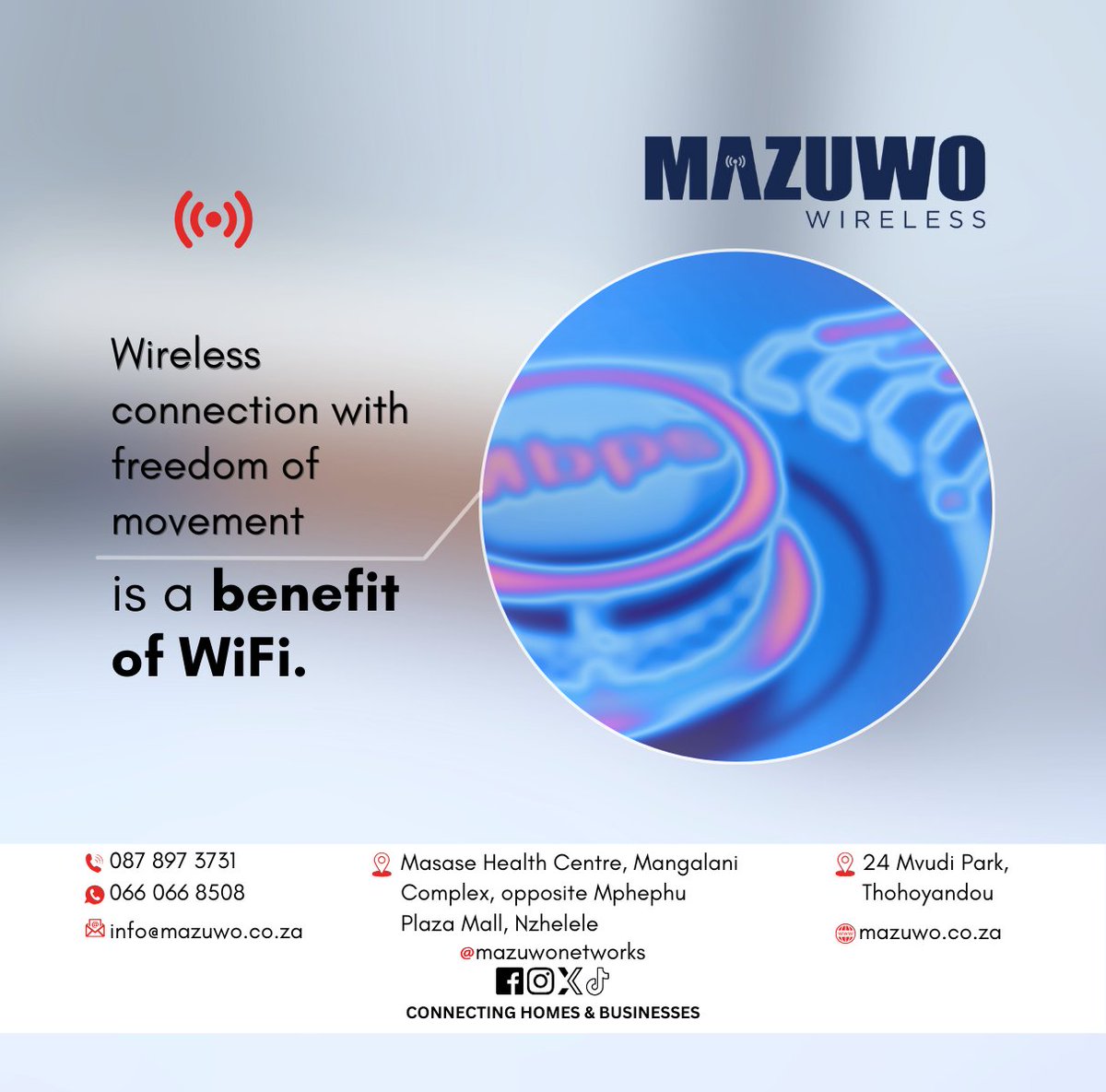Experience true freedom at home with our Wi-Fi—stay connected wherever you are, from the living room to the backyard! 🌐📡📶 #WiFiBenefits #mazuwowireless #Vhembe #ISP #freedomofmovement #connectinghomes #connectingbusinesses #MazuwoWiFi #StayConnected