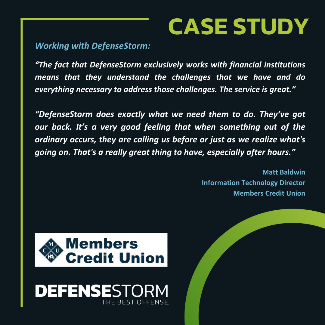 Check out our latest case study, featuring Members Credit Union, to learn how DefenseStorm has improved the credit union's ability to manage cyber risk.

Read the case study:
defensestorm.com/wp-content/upl…

#cybersecurity #cyberrisk #partnership #ally