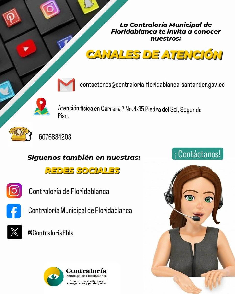ContraloriaFbla's tweet photo. ¡La Contraloría Municipal de Floridablanca está más cerca de ti! Ahora puedes comunicarte con nosotros a través de nuestros canales de atención y seguirnos en redes sociales.
Tu participación es clave para que juntos construyamos un futuro transparente.
#ContraloríaMunicipal https://t.co/YoN8LRozth