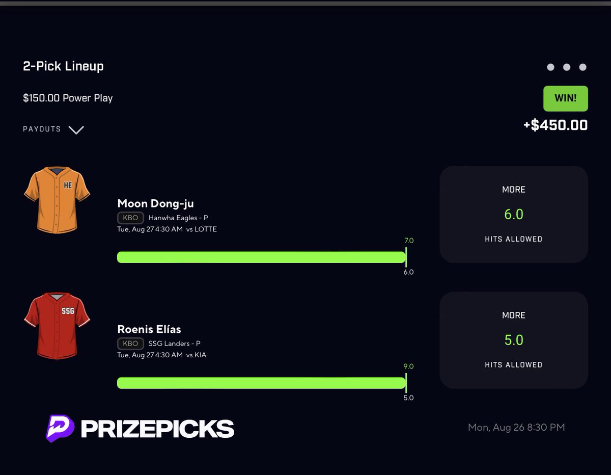 Another W in the books 
#kbo #MLB #wnba #nba #prizepicks #prizepickslock #prizepicksmlb #PrizePicksNFL #underdog #betr #fliff #GamblingCommunity