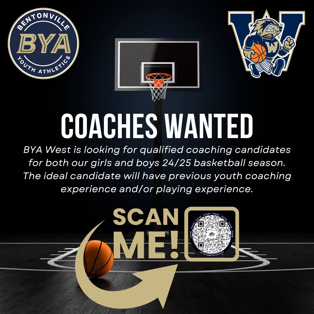 Seeking qualified applicants for our volunteer coaching staff for the 24/25 season! Apply by scanning the QR code or visiting:
flow.page/bya-bentonvill…
<a href="/BWHS_Hoops/">West High Hoops</a> <a href="/BWHS_WBB/">BWHS Lady Wolverines</a> <a href="/BWHS_Wolverines/">BWHS_Wolverines</a>