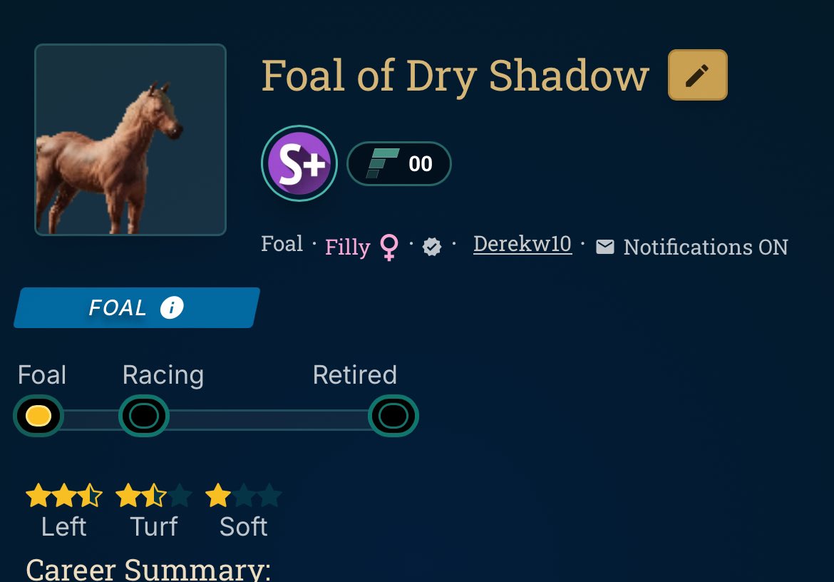 derekw10's tweet image. My first S+ horse in @photofinishgame a non 1/1 LTS filly buzzing from this breed, got her while away on holiday so might name her after the hotel 😂

photofinish.live/horses/39b78b8…