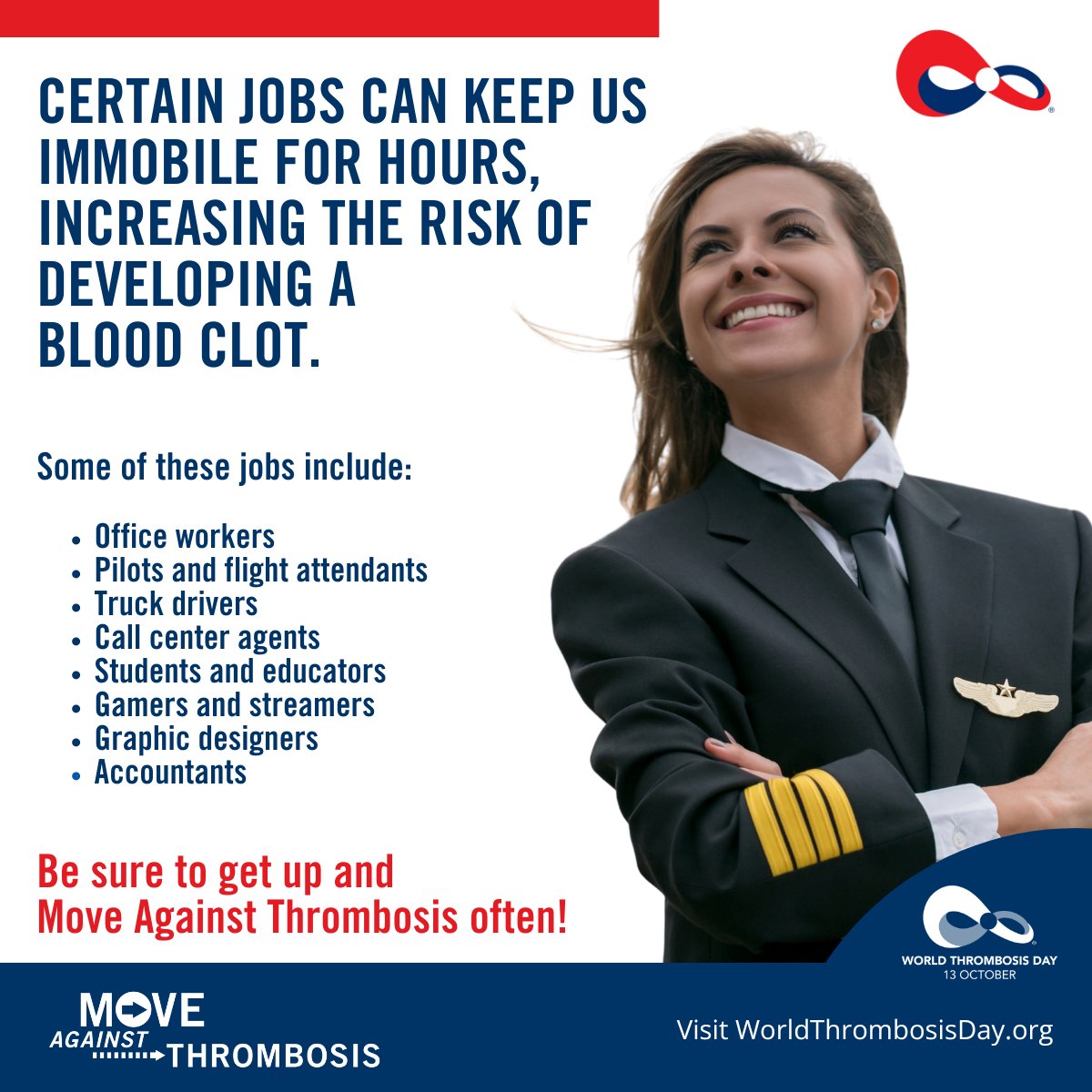 Lou_M_StGermain's tweet image. Certain jobs can keep us immobile for hours, increasing the risk of developing a blood clot. 

💻 Office Workers
✈️ Pilots and Flight Attendants
🚛 Truck Drivers
📞 Call Center Agents
📚 Students and Educators
🎮 Gamers and Streamers

Be sure to #MoveAgainstThrombosis! #WTDay24
