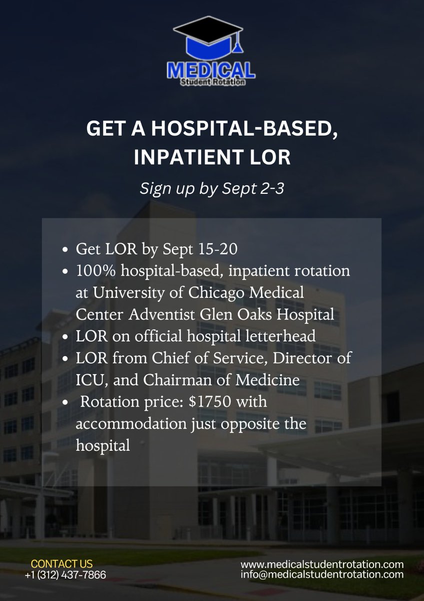 Elevate your medical career with a prestigious hospital-based rotation at University of Chicago Medical Center Adventist Glen Oaks Hospital!

Don’t miss this chance for an impactful experience and a stellar recommendation! 🌟
.
.
#MedicalRotation #HospitalExperience #LOR