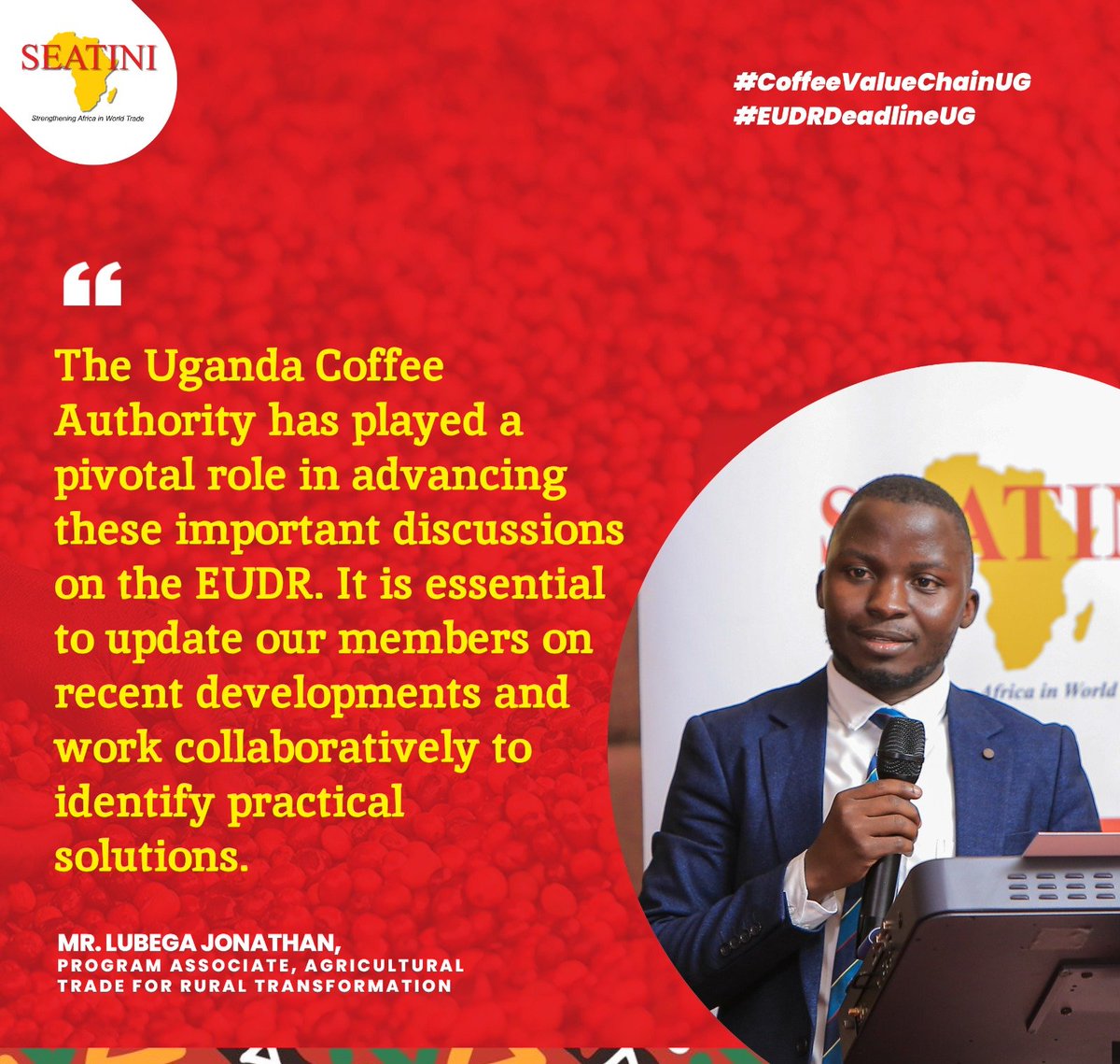 SEATINIUGANDA's tweet photo. Mr. Jonathan Lubega, @SEATINIUGANDA;
The Uganda Coffee Authority has played a pivotal role in advancing these important discussions on the #EDUR. It is essential to update our members on recent developments and work collaboratively to identify practical solutions. #CoffeeValueChainUG #AfricanCoffeeValueChain