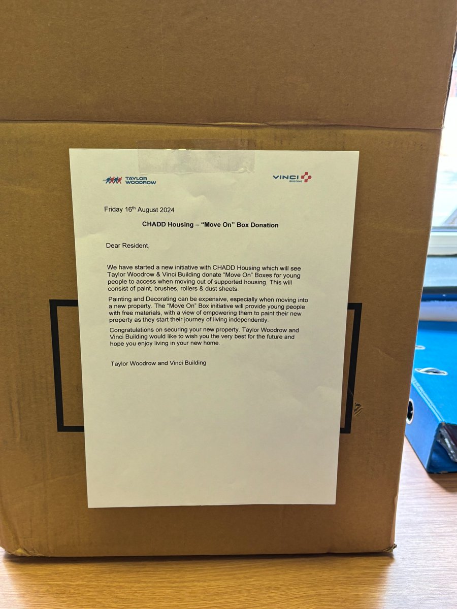 CHADD (@chadd1979) on Twitter photo More wonderful support from <a href="/TaylorWoodrowUK/">Taylor Woodrow</a>  for our young people. They and <a href="/VINCI/">VINCI</a>  have donated moving-on boxes so people can decorate their new homes when they finally leave us. It's ÂŁ170 worth of materials and a note wishing them the best Thank you #dudley  <a href="/FoyerFederation/">Foyer Federation</a> More wonderful support from <a href="/TaylorWoodrowUK/">Taylor Woodrow</a>  for our young people. They and <a href="/VINCI/">VINCI</a>  have donated moving-on boxes so people can decorate their new homes when they finally leave us. It's ÂŁ170 worth of materials and a note wishing them the best Thank you #dudley  <a href="/FoyerFederation/">Foyer Federation</a>