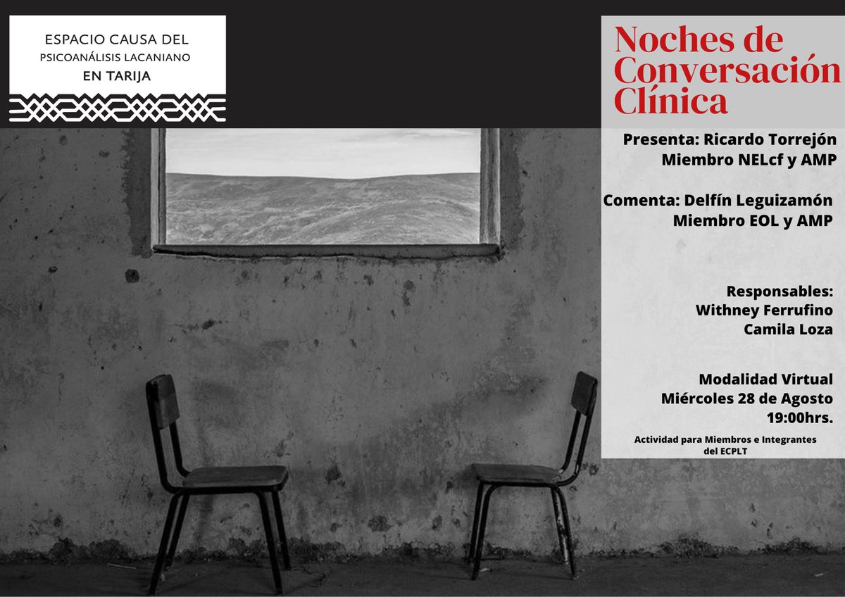 NELTarija's tweet photo. 📌 Noches de Conversación Clínica 

Presenta: Ricardo Torrejón - Miembro de la NELcf y AMP 
Comenta: Delfín Leguizamón - Miembro de la EOL y AMP 

Miércoles 28 de agosto - 19:00hrs

Actividad para Miembros e Integrantes del ECPLT https://t.co/JheKWlCmXz