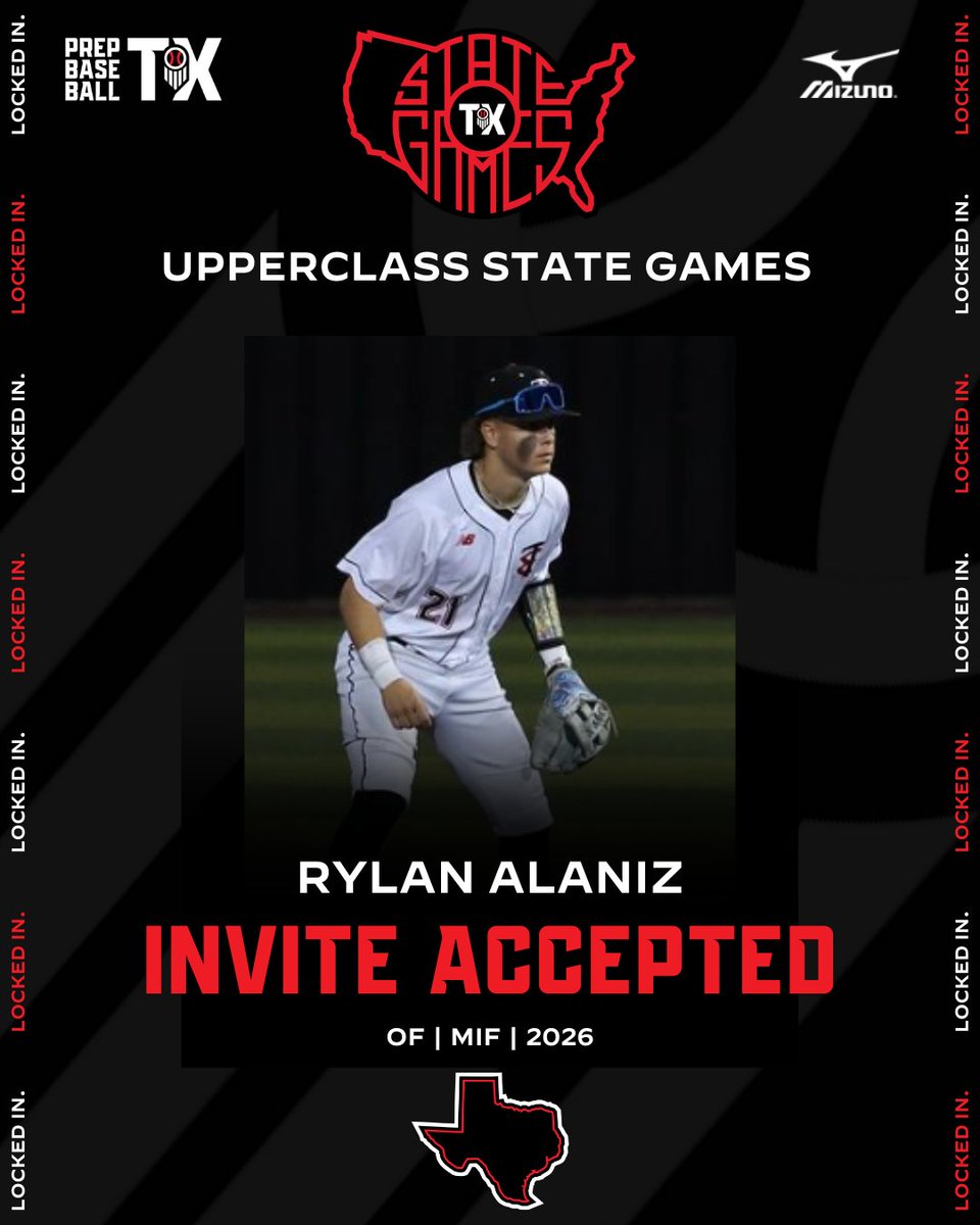𝐔𝐩𝐩𝐞𝐫𝐜𝐥𝐚𝐬𝐬 𝐒𝐭𝐚𝐭𝐞 𝐆𝐚𝐦𝐞𝐬 𝐈𝐧𝐯𝐢𝐭𝐞 𝐀𝐜𝐜𝐞𝐩𝐭𝐞𝐝

'26 MIF Rylan Alaniz (<a href="/Rylanalaniz21/">Rylan Alaniz</a>)
<a href="/THSBaseball1/">THS Baseball</a> | <a href="/StixBaseballTX/">Stix Baseball</a>
 
Alaniz will join us at the 3rd Annual State Games, 9/20-9/22 at Weatherford JC. 

More Info: loom.ly/Yzv1DgY