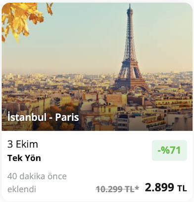 Günün fırsat uçuşu!💚 İstanbul - Paris tek yön uçak bileti 2.899 TL! 

*Vizeli 
*Direkt uçuş 
*Sınırlı sayıda 

Detaylar için ✈️👇🏻
enuygun.com/ucak-bileti/is…

#UçakBileti #Paris #ParisUçakBileti #ENUYGUNUçakBileti #FırsatUçuşları