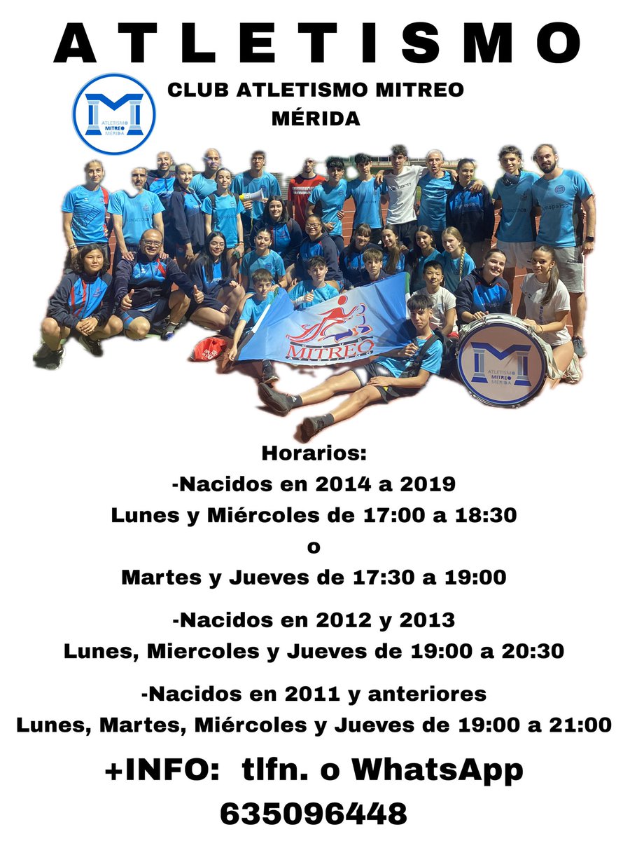 ¿¿¿Quieres practicar atletismo???

¡¡El día 2 de septiembre comenzamos!!

Aquí tienes nuestros horarios, si estás decido a ello ya puedes inscribirte en: docs.google.com/forms/d/e/1FAI…

+Info: 635096448 o en por DM en nuestras RRSS

OS ESPERAMOS!!!