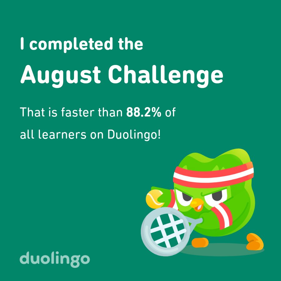 meredithvoltin's tweet photo. I completed the August challenge faster than 88.2% of all learners on Duolingo! https://t.co/07uKdjnv1l