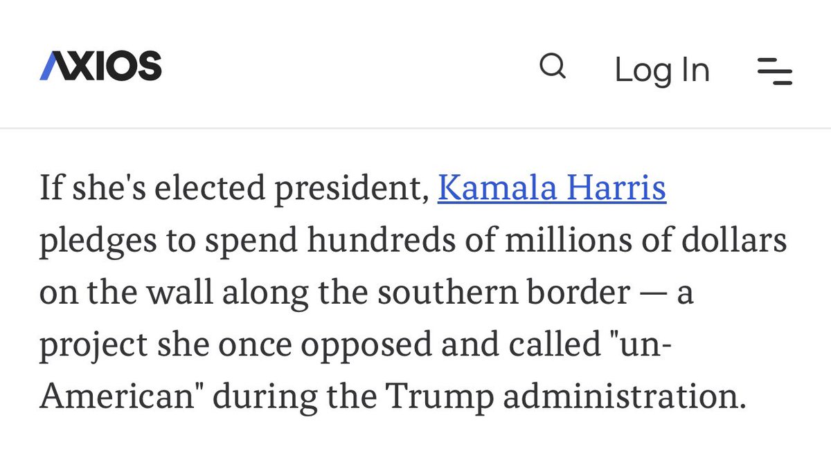 🚨Si elle est élue présidente, Kamala Harris s'engage à dépenser des centaines de millions de dollars pour la construction du mur le long de la frontière sud.

Un projet qu'elle a autrefois contesté et qualifié de "non-américain"
 durant l'administration #Trump.

Screenshot son