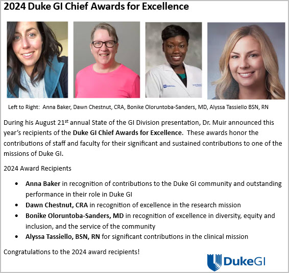 Duke_GI_'s tweet photo. We're proud to share the 2024 Duke GI Chief Awards for Excellence! The contributions of these stand-outs are what make @Duke_GI_ a leader in excellence in all our missions! 
#GITwitter #GIGoodNews #Gastroenterology https://t.co/UbyuHYic9R