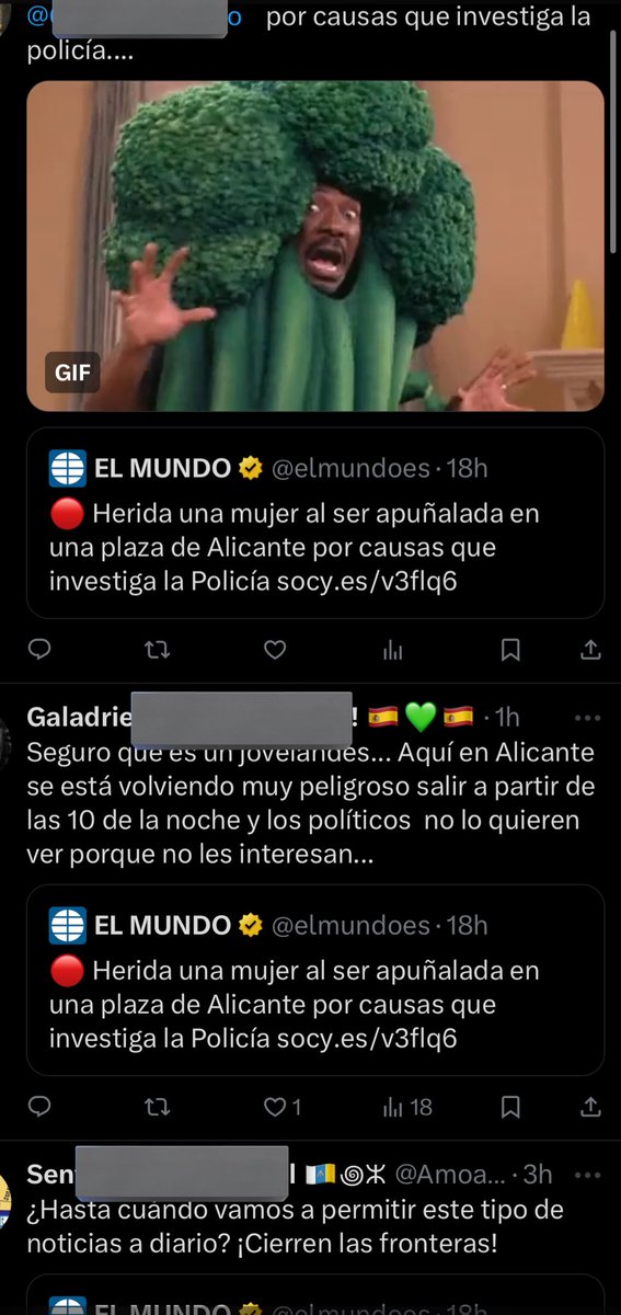 MIAREsproject's tweet photo. Radiografía de la hipocresía racista y misógina:

Apuñalan a una mujer en Alicante. Se desconoce el autor. 

La noticia acumula +500 retuits y más de un 100k de views, los comentarios repletos de racismo, convencidos de que ha sido un inmigrante que pasaba por ahí; un “pelobrocoli” o jovenlandés como ellos dicen. 

Unas horas más tarde se descubre que ha sido un crimen machista: un intento de asesinato cometido por su exmarido, que acumulaba múltiples denuncias por violencia de género.

5 retuits tiene la noticia. 4 repuestas versus las casi 300 que tenía el tweet previo. La noticia ha dejado de ser interesante.

¿Qué ha ocurrido? 

Sacad vuestras propias conclusiones.