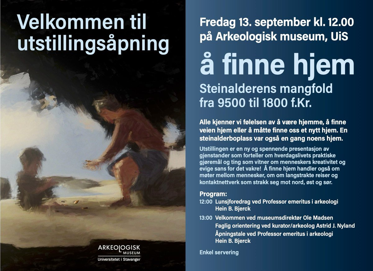 ArkmuseumUiS's tweet image. 13.september åpner vi dørene igjen her på Arkeologisk museum, vi har holdt stengt siden oktober i fjor grunnet ombygging. 

Nå ønsker deg endelig velkommen tilbake og til vår helt nye utstilling om steinalderen ‘å finne hjem’. 💫
