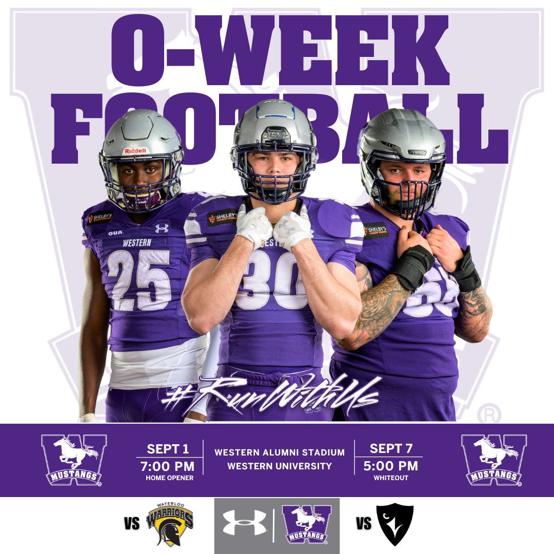 WesternMustangs's tweet image. 🏈 @westernuFB is at home this week for a pair of games bookending #OWeek2024! westernmustangs.ca/tickets
 
Sunday, SEPT 1 is our #oweek Home Kick-Off Game at Western Alumni Stadium. Stay for the Fireworks 🎆and Light Show afterwards, presented by @BurgerKingCAN 
 
 🆚 @WlooWarriors