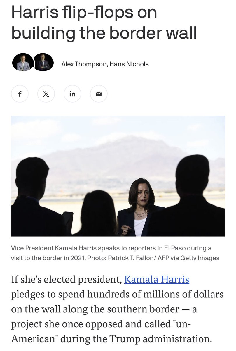 libsoftiktok's tweet photo. Kamala in 2020: “Trump’s border wall is a complete waste of taxpayer money and won’t make us any safer”

Kamala in 2024: let’s build a border wall

Which policy will she flip flop on next and steal from Trump? https://t.co/tDlOEKUyB2