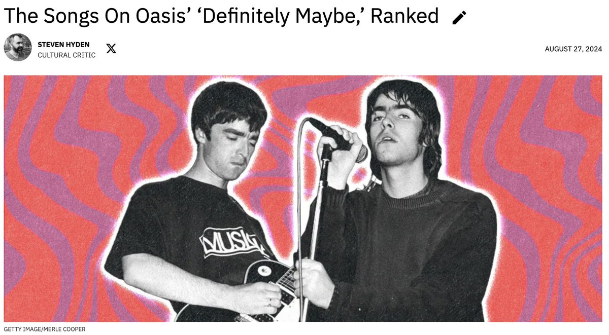 Steven_Hyden's tweet photo. Hey, I wrote about one of the most impactful records of my teen years, Oasis' DEFINITELY MAYBE, and also gave some early reactions to the reunion news. https://t.co/MjxjjBNQOm https://t.co/K0HUruedLf