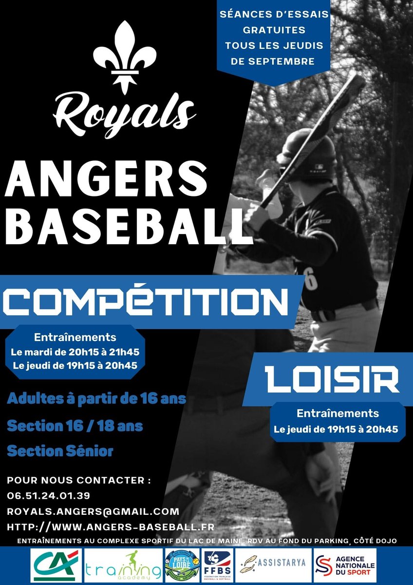 C'est la rentrée du #baseball chez les <a href="/AngersRoyals/">Angers Royals Baseball Club</a> ⚾️⚫️⚪️⚜️
Séances d'essai gratuites tout le mois de septembre. Alors n hésitez plus...#sportangers #GOROYALS
