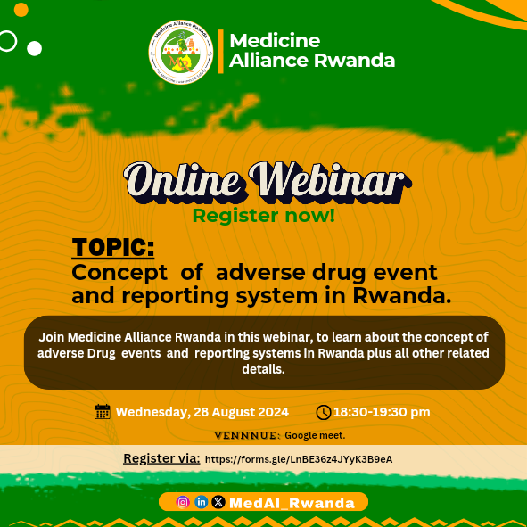 🛑Be alert ‼

Register now to join us in tomorrow's online webinar about the concept of adverse drug events and the reporting system in Rwanda ; 

 Register via; forms.gle/LnBE36z4JYyK3B…

#HealthyForAll 
#MedicineSafety